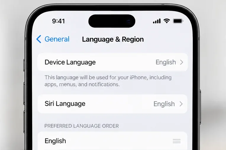 Illustrative iPhone Language and Region screen with English selected for device and Siri language