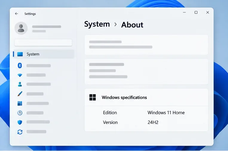 Página Sistema e Sobre exibindo as especificações do Windows 11 Home versão 24H2