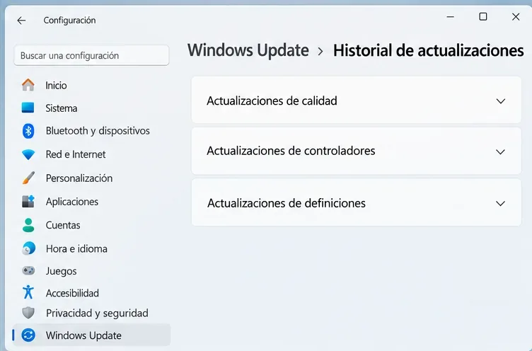 Pantalla de Windows Update en Historial de actualizaciones, con categorías de actualizaciones de calidad, controladores y definiciones