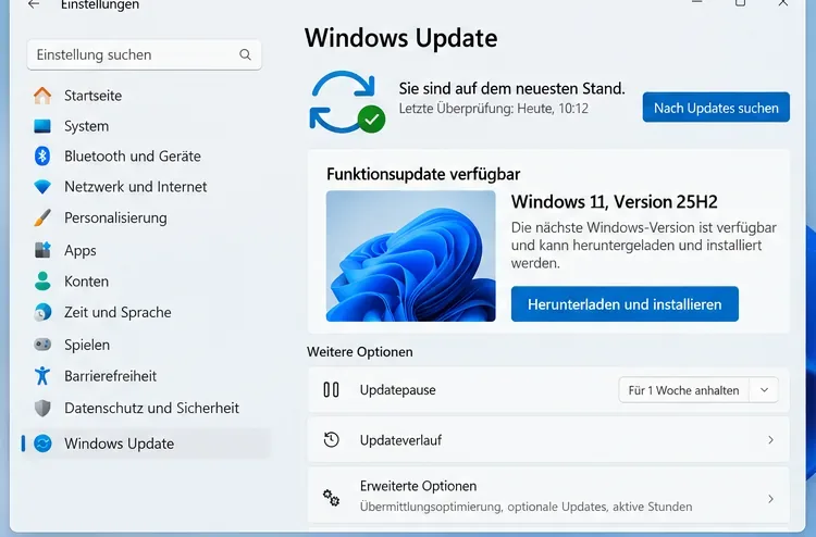 Windows-Update-Ansicht mit einem angebotenen Funktionsupdate auf Windows 11, Version 25H2, und der Schaltfläche „Herunterladen und installieren“.
