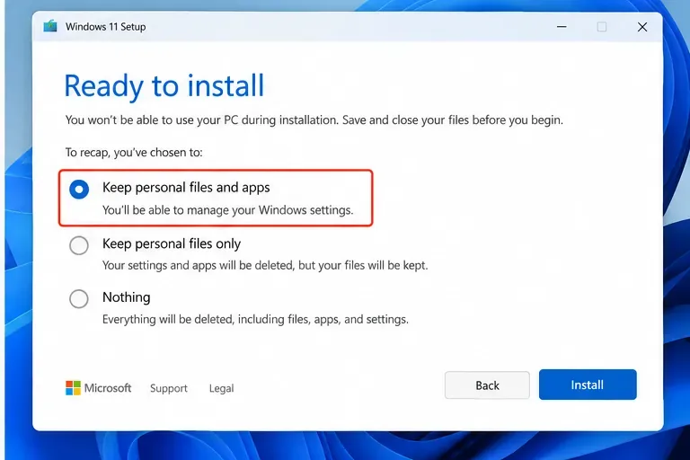 Windows 11 Setup Ready to install screen with Keep personal files and apps selected.
