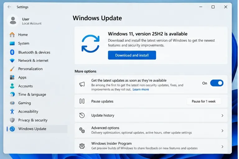 Windows Update settings showing Windows 11 version 25H2 available with a Download and install button.