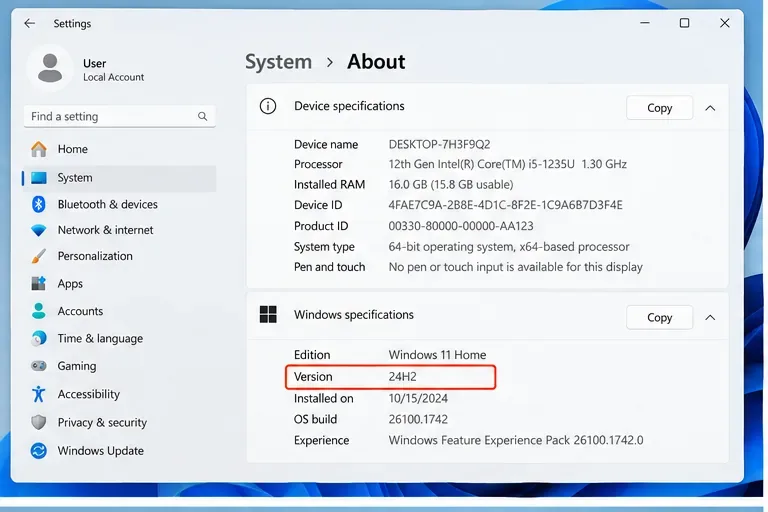 Windows 11 Settings System About page with the Version field highlighted as 24H2.