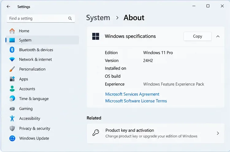 Windows specifications panel showing example Edition Windows 11 Pro and Version 24H2
