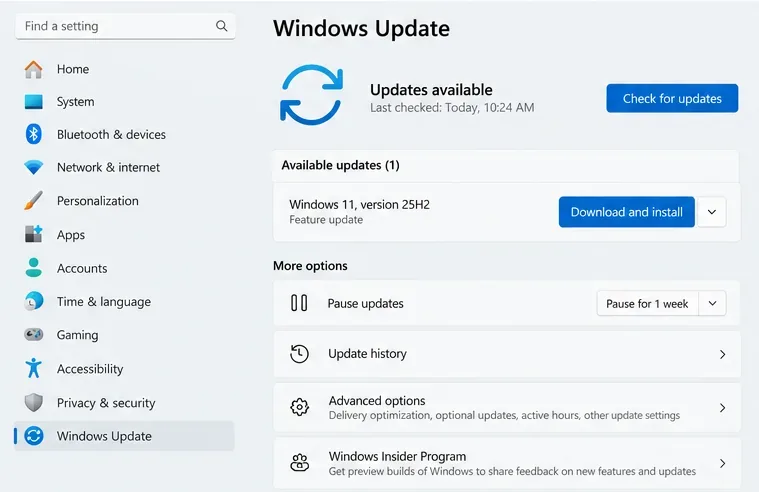 Windows Update page showing an example Windows 11 version 25H2 feature update and Download and install button