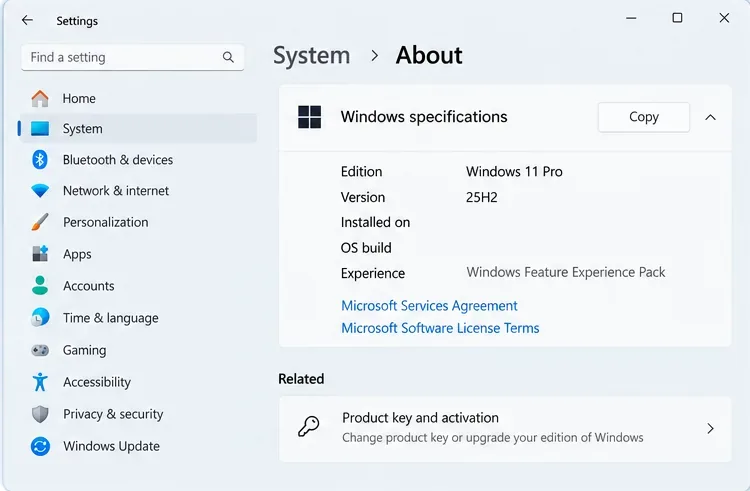 Windows specifications panel with example Edition Windows 11 Pro and Version 25H2