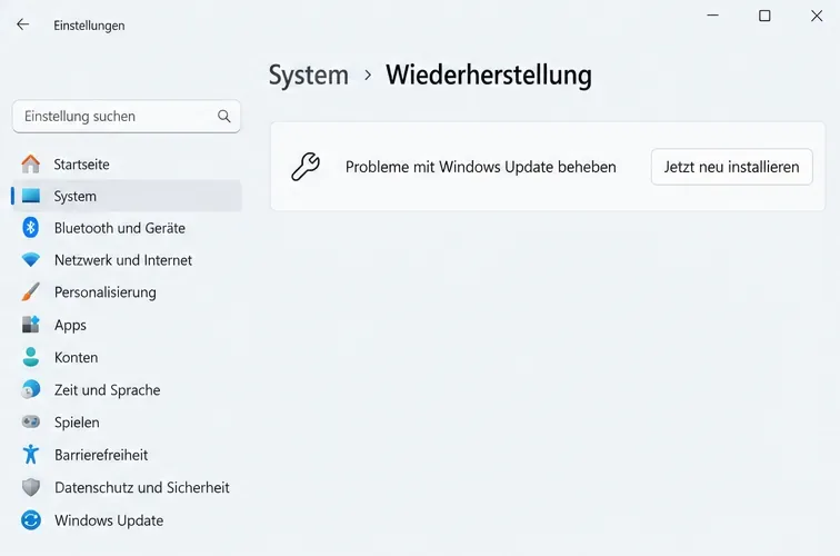 Windows-11-Einstellungen unter System und Wiederherstellung mit dem Bereich Probleme mit Windows Update beheben und der Schaltfläche Jetzt neu installieren