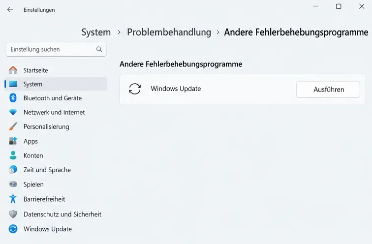 Windows-11-Einstellungen unter System und Problembehandlung mit Windows Update und der Schaltfläche Ausführen